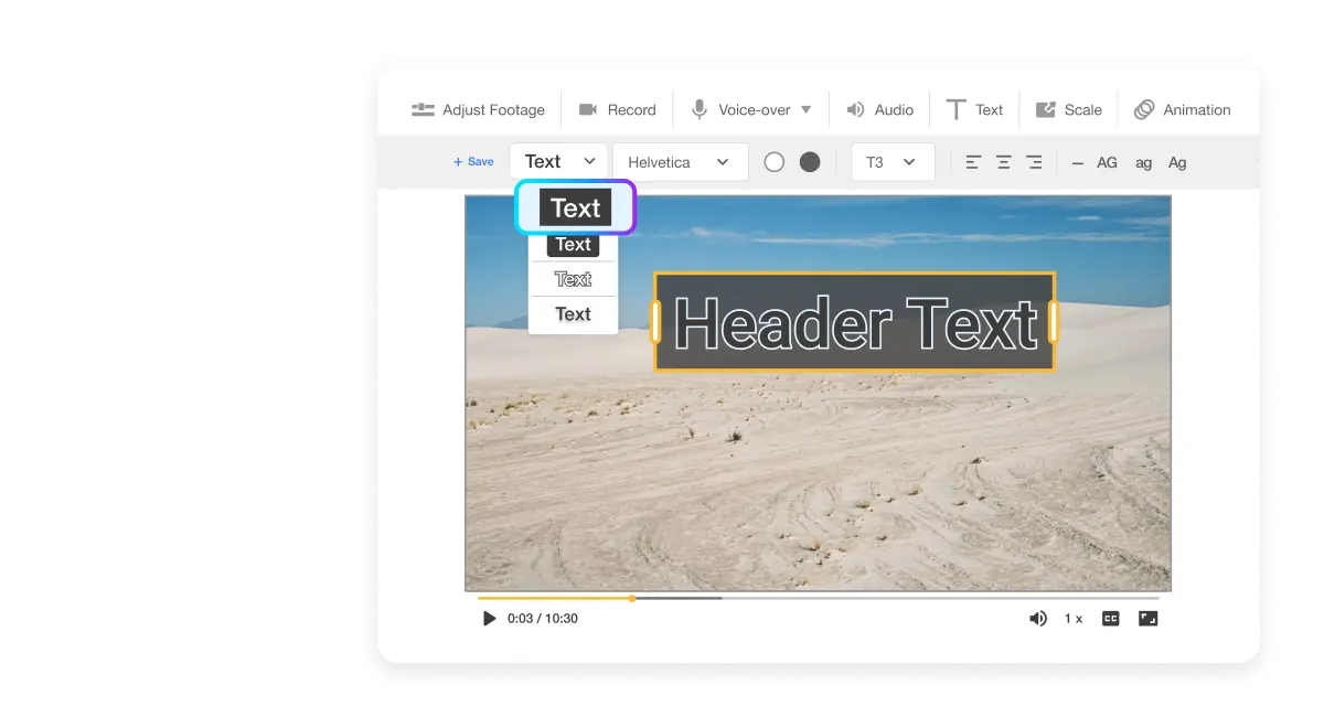 Text Styling feature in Visla video editing software, showing 'Header Text' graphic overlay on a video, part of the 'Add Graphic to Video' tools for enhancing video content with styled text.